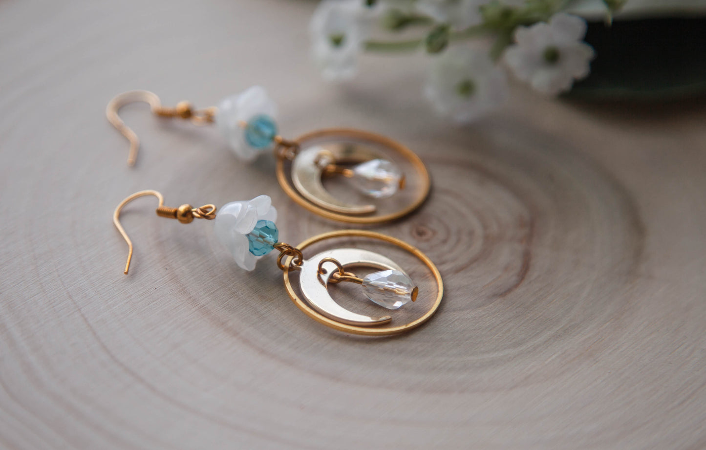 Brass Moon and Glass Flower Earrings