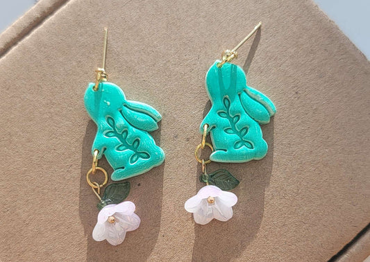Green Flower Bunny Earrings