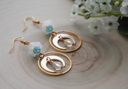 Brass Moon and Glass Flower Earrings