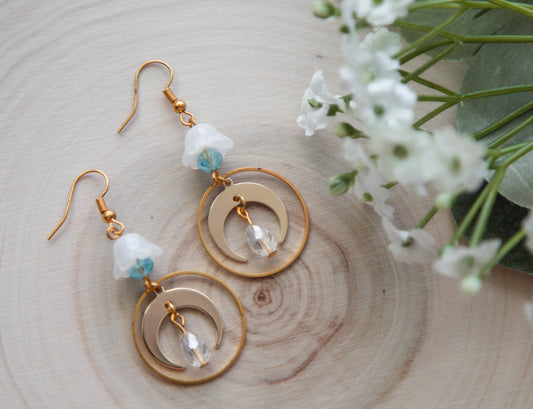 Brass Moon and Glass Flower Earrings