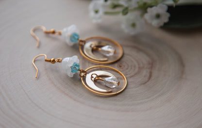 Brass Moon and Glass Flower Earrings